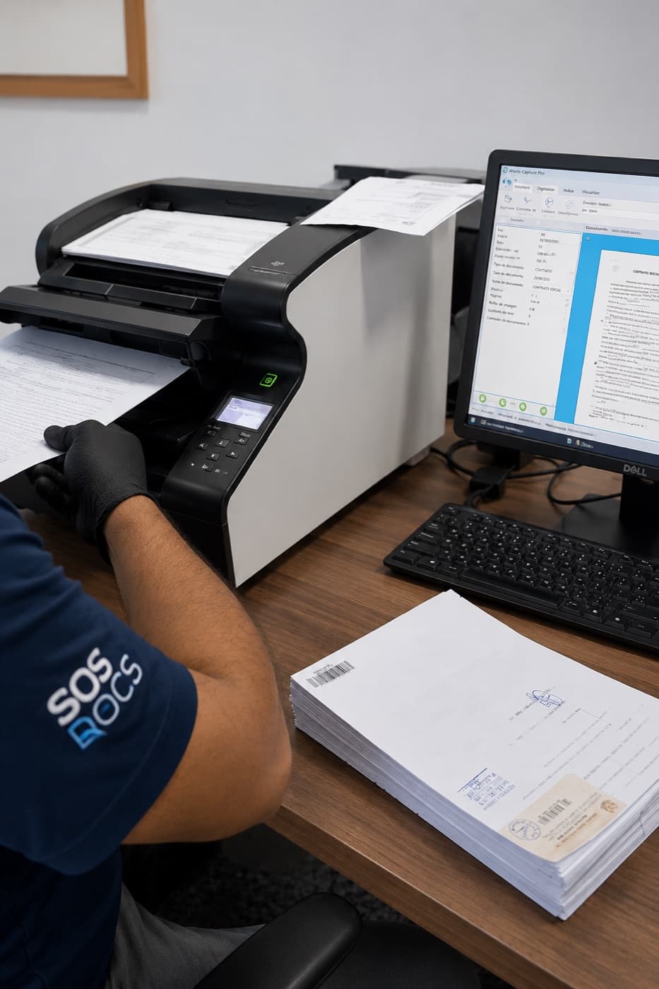 Operador da SOS Docs, de luvas pretas, alimentando o scanner de produção com um lote de folhas, ao lado do monitor com o software de captura aberto e da pilha de processos já preparados