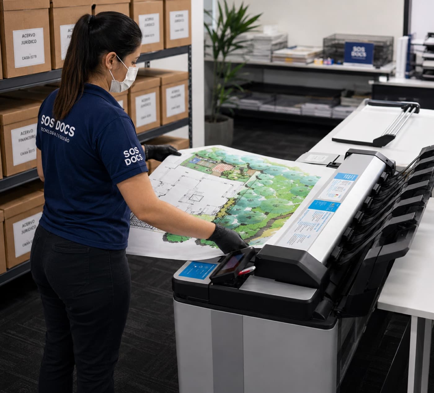 Arquivista da SOS Docs, de máscara e luvas, digitalizando uma planta técnica em scanner de grande formato, com as estantes de caixas do acervo jurídico ao fundo