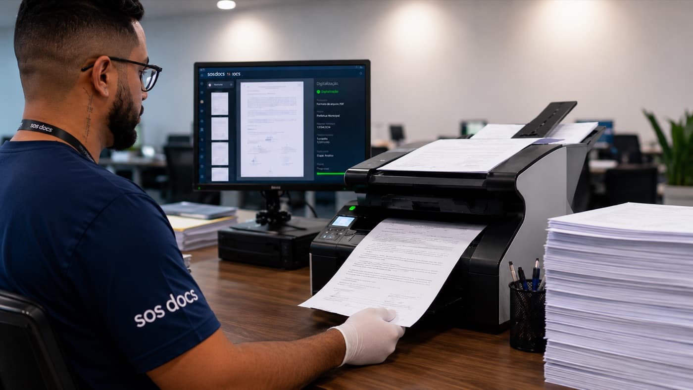 Operador da SOS Docs acompanhando no monitor o documento recém-capturado no sistema, com o formato de arquivo, o cliente e a tipologia preenchidos ao lado da imagem