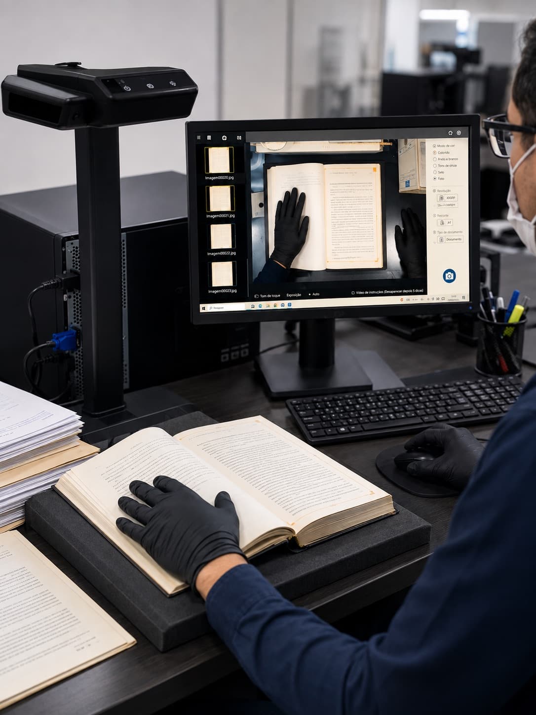 Operador da SOS Docs, de luvas pretas, capturando um livro encadernado em scanner planetário, com a imagem do documento e os parâmetros de cor e resolução na tela do software
