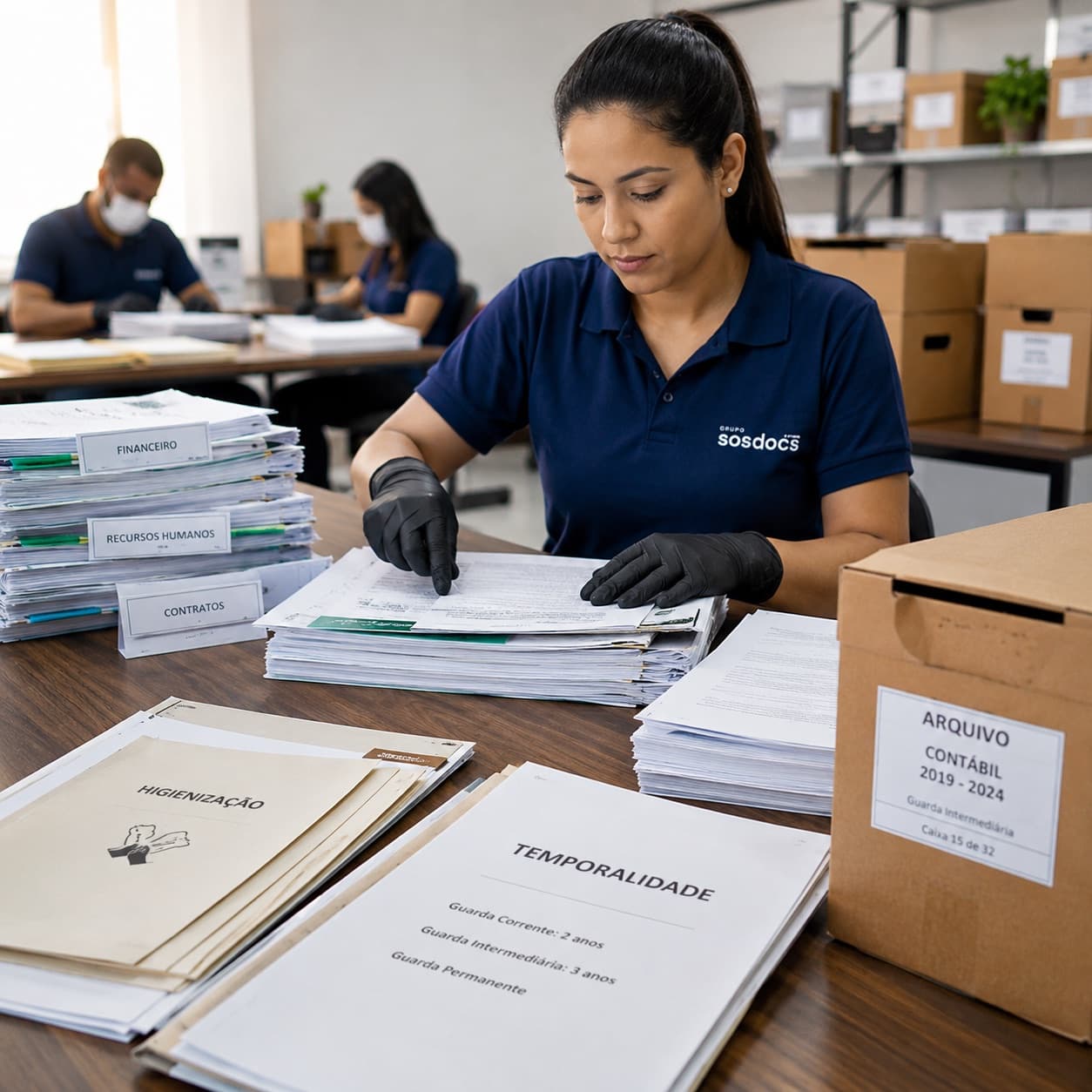 Arquivista da SOS Docs classificando documentos por tipo e prazo de guarda, com a tabela de temporalidade sobre a mesa