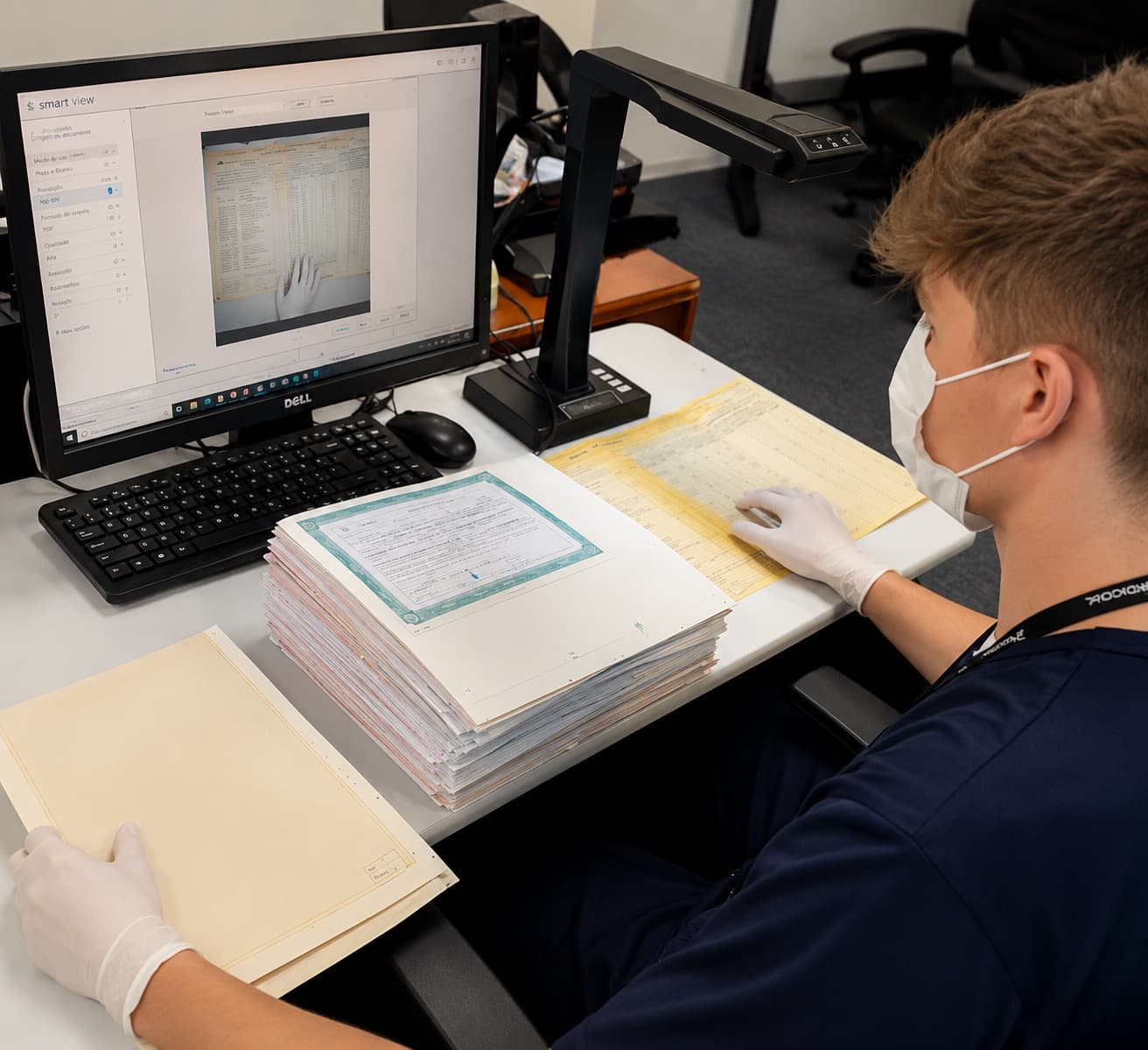 Operador da SOS Docs digitalizando um livro de registro antigo em scanner planetário, com a imagem já enquadrada na tela do software