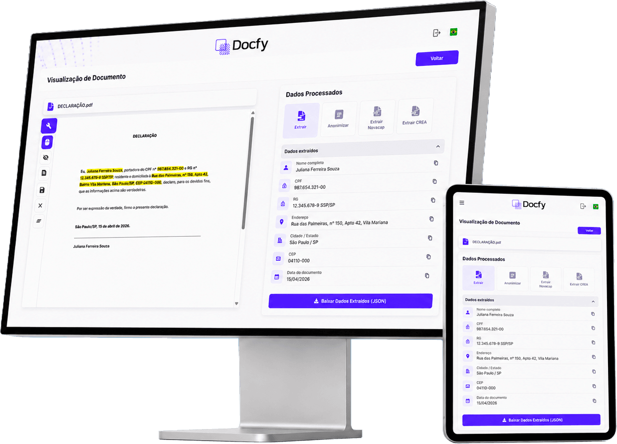 Docfy em um monitor e em um tablet, exibindo a extração e a anonimização de dados de um documento