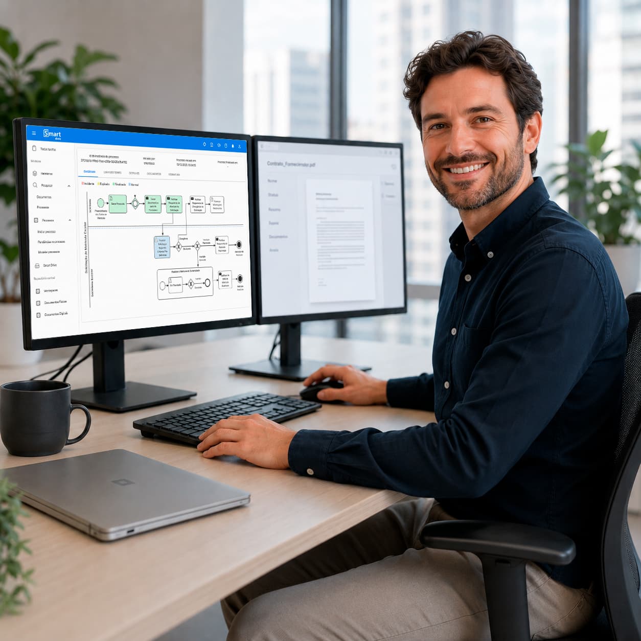 Profissional usando o sistema SmartDocs em dois monitores