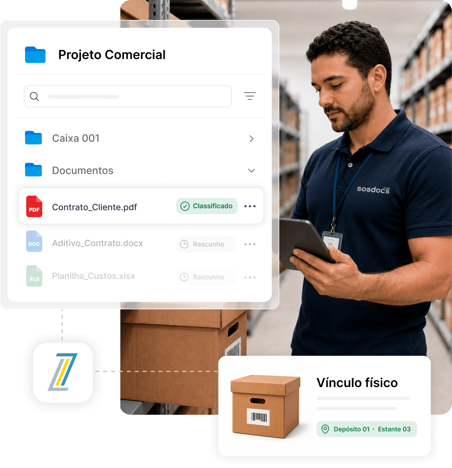 Analista SOS Docs no depósito com a interface de projeto comercial e o vínculo físico das caixas ao acervo digital