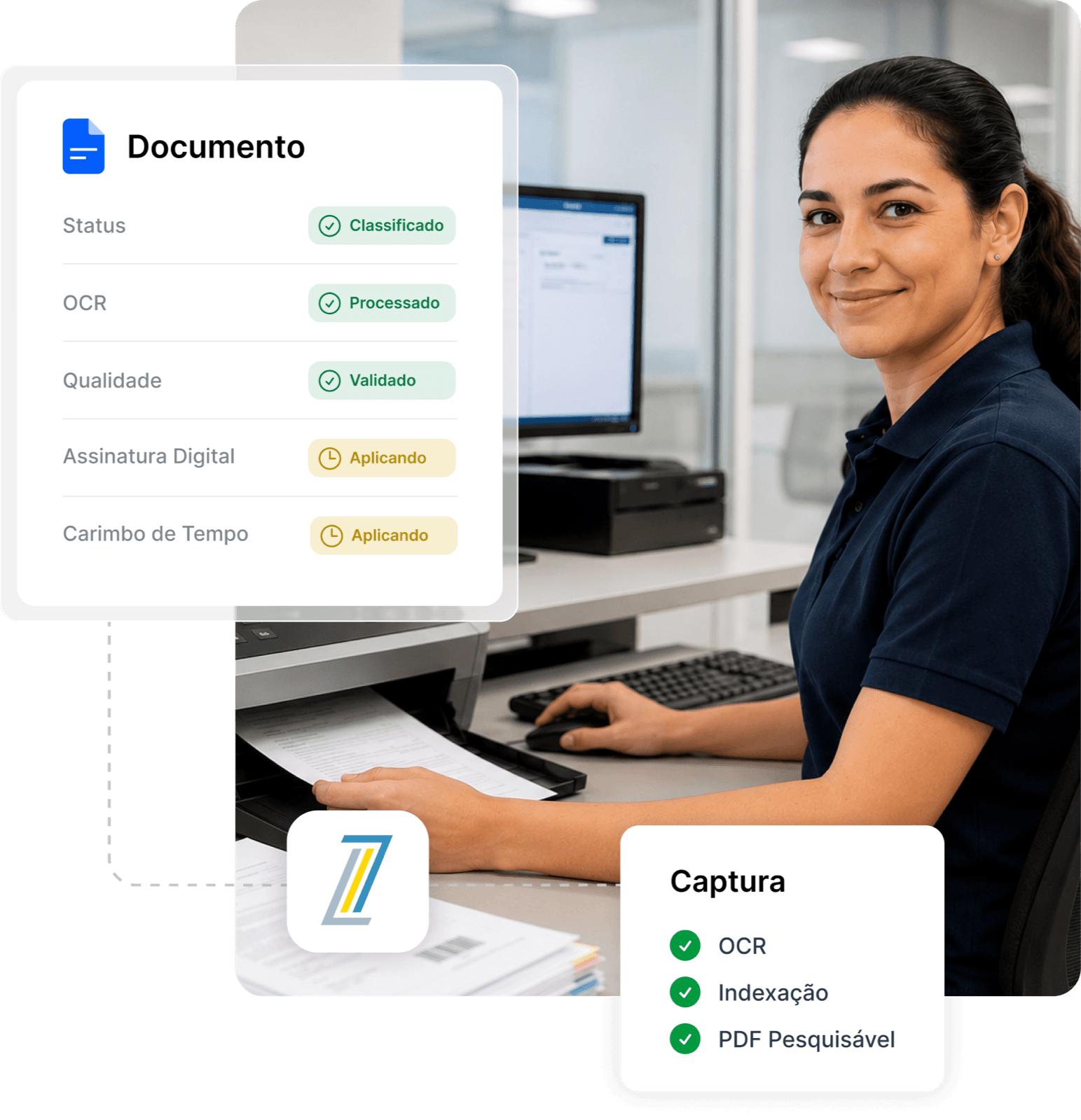 Operador SOS Docs digitalizando documentos em scanner de produção